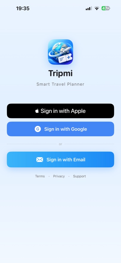 Tripmi sign in with Apple, Google or email