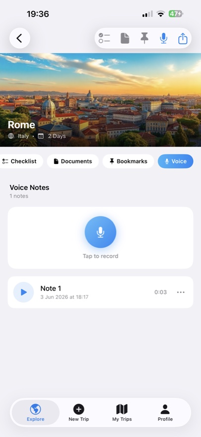 Record voice notes for your trip in Tripmi