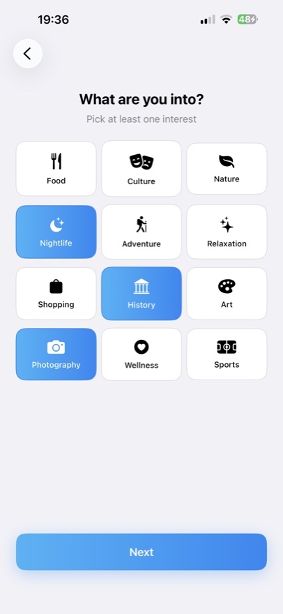 Pick your travel interests in Tripmi